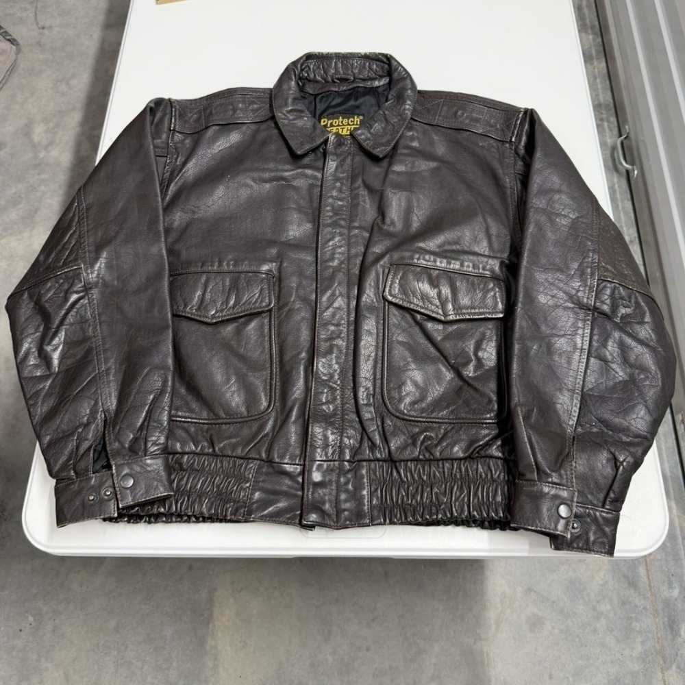 Vintage Protech Leather Bomber Jacket Brown Flight Aviator Coat Mens Large L
